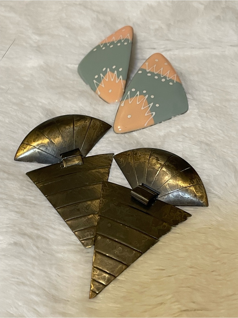 2 Pair 1980’s Earrings- Gold Geometric and Peach & Teal Enamel  Set